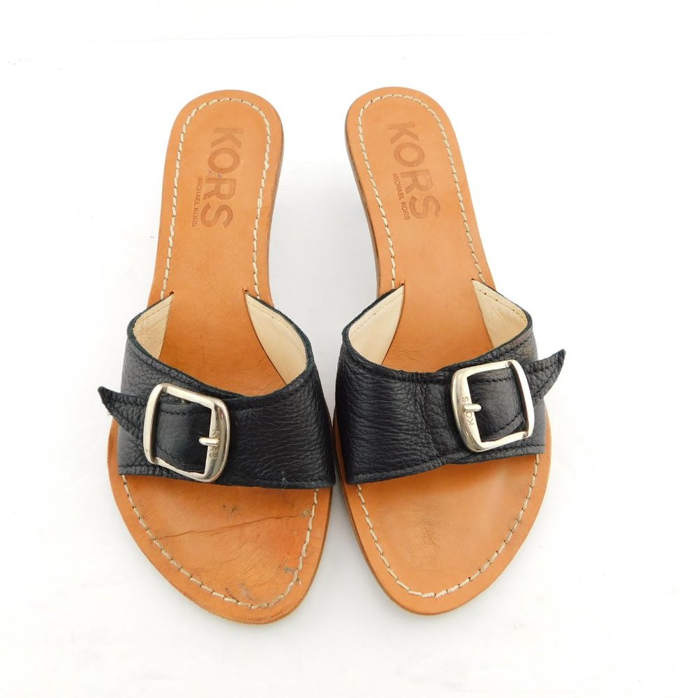 KORS Michael Kors Logo Buckle Black Leather Slide Metal Heel Sandals 7